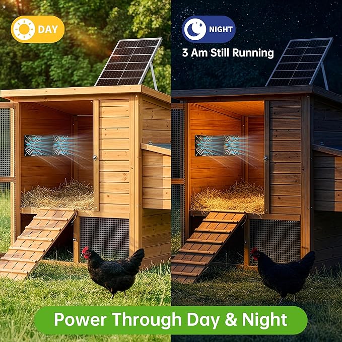 ropelux Solar Fan for Chicken Coop, Solar Powered Dual Exhaust Fans with 18000mAh Battery & 2 Timers, 24/7 Strong Airflow Cooling Ventilation for Greenhouses, Dog Houses, Attics, Sheds, Cabins