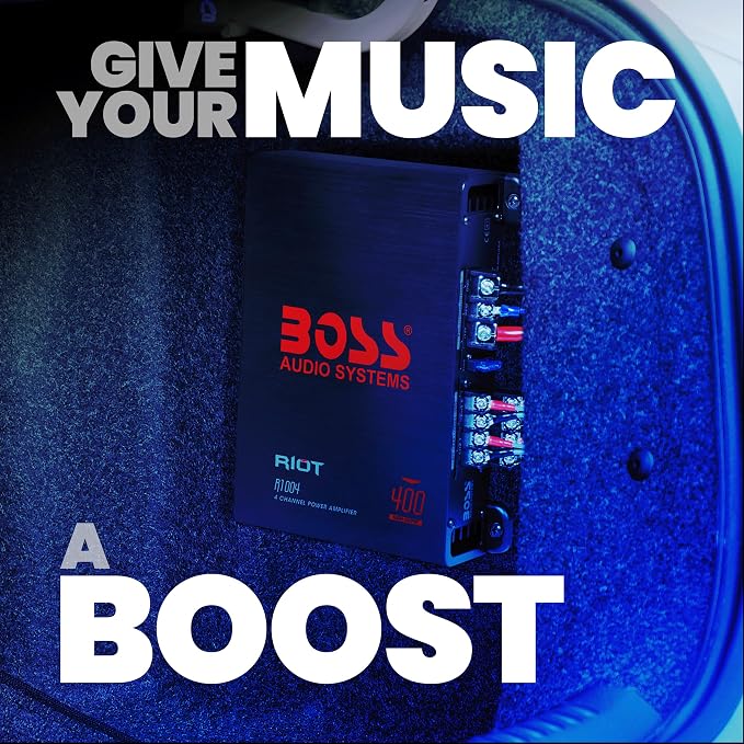 BOSS Audio Systems R1004 Riot Series 4 Channel Class A/B Car Amplifier - 400 High Output, IC (Integrated Circuit), Hook Up to Subwoofer for Bass