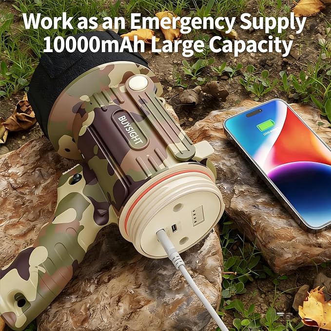 BUYSIGHT Rechargeable Spotlight Flashlight, Actual 1500 Lumens Handheld Spotlight, Waterproof Hunting Lamp with Red Filter (Camouflage Grey)