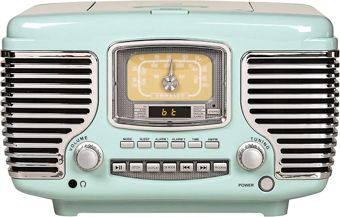 Crosley CR612B-AB Corsair Tabletop AM/FM Bluetooth Radio with CD Player and Dual Alarm Clock, Aqua Blue