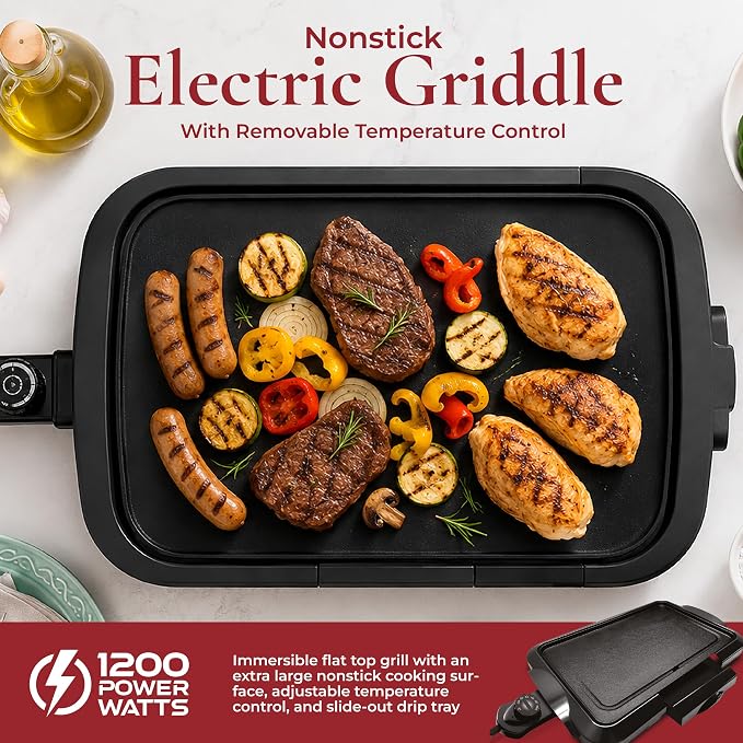 Lumme Electric Griddle with Removable Temperature Control, Immersible Flat Top Grill, Burger, Eggs, Pancake Griddle, Nonstick Easy Clean Cooking Surface, Slide Out Drip Tray, 10 x 16 Inch