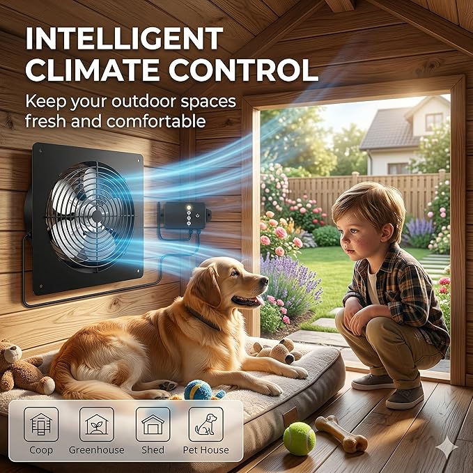 Solar Powered Fan with Battery Backup, 15W Monocrystalline Panel, 12V 4000mAh Control Box, Remote Control, 3 Modes, Adjustable Speed Ventilation Fan for Chicken Coop, Greenhouse, Shed, Attic
