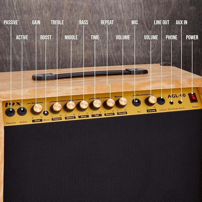 LyxPro 40 Watt Electric Guitar Amplifier | Solid State Studio Amp with 8” 4-Ohm Speaker, Custom EQ Controls, Drive, Delay, ¼” Passive/Active/Microphone Inputs, Aux in & Headphone Jack - Natural