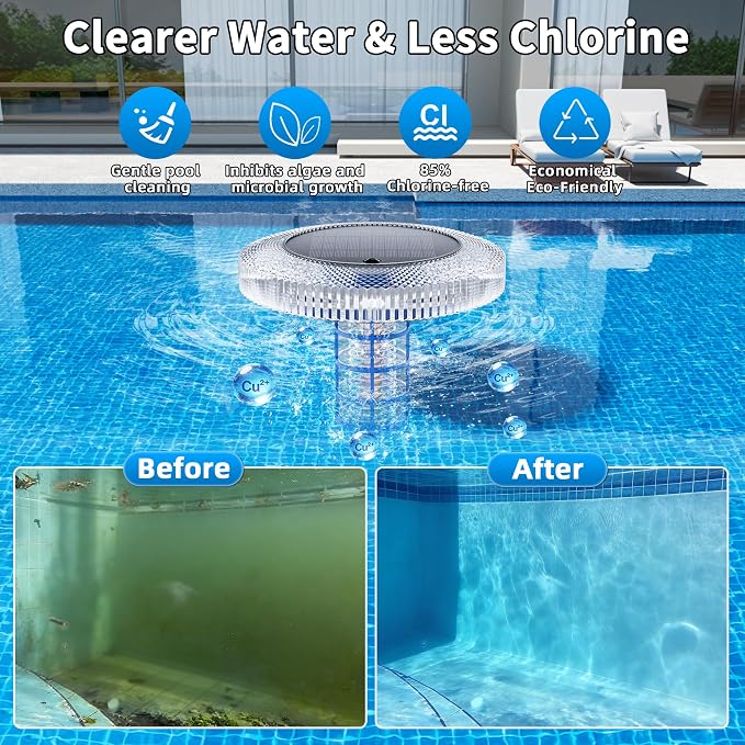 Solar Pool Ionizer Floating Light: Solar Powered Copper Ionizer with Remote Control IP68 Waterproof LED Swimming Pool Light for Above Ground & In-Ground Pools