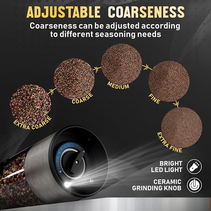 Pure Nature Electric Rechargeable Salt and Pepper Grinder Set with Tray – Stainless Steel Automatic Grinders, 5 Adjustable Coarseness Levels, LED Light, Refillable, Type-C Fast Charging