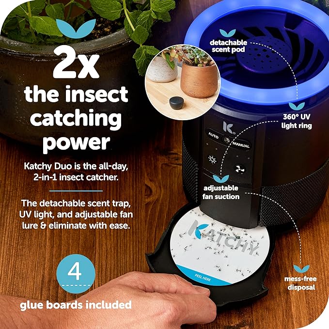 Katchy Duo – Indoor Flying Insect Trap with Scent Pod – Day & Night Effective – Mosquito, Fruit Fly, Gnat & Small Moth Catcher – Non-Zapper Trap with Blue UV Light & Fan Suction (Black)