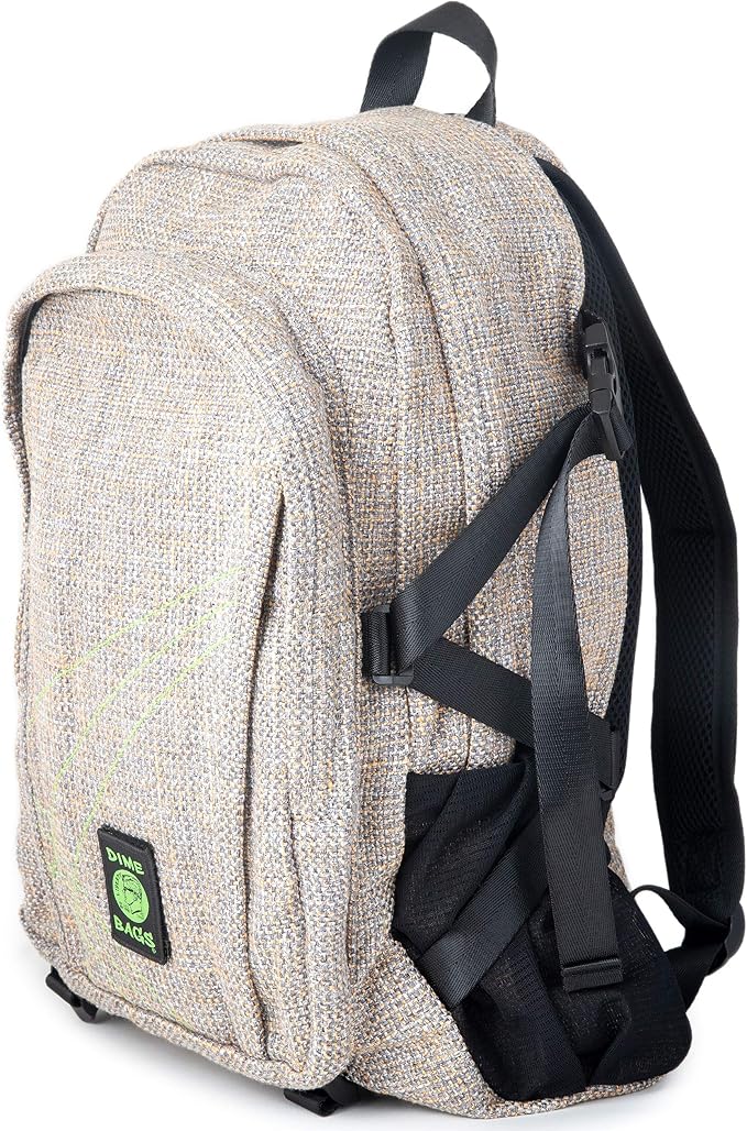 DIME BAGS Backpack For Travel, Durable Hempster Material, 9 Storage Compartments & 2 Side Bottle Pockets, Fits 17” Laptop, Adjustable Padded Straps, Hidden Internal Pocket (Sand)