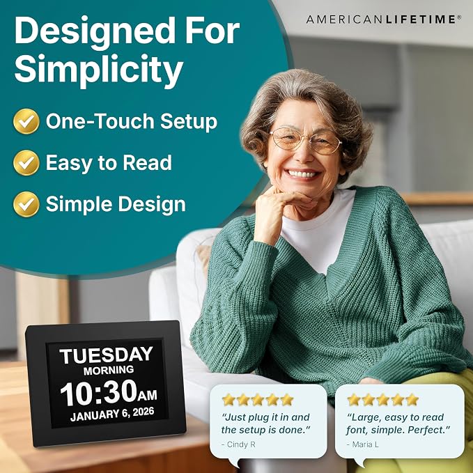American Lifetime Dementia Clock - Large Digital Clock for Seniors, Custom Alarms, Day & Date Display, Black, 15 Inches