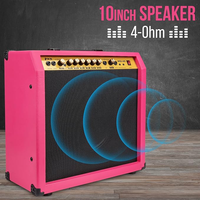 LyxPro 60 Watt Electric Guitar Amplifier | Combo Solid State Studio & Stage Amp with 10” 4-Ohm Speaker, Custom EQ Controls, Drive, Delay, ¼” Passive/Active/Mic Inputs, Aux In & Headphone Jack - Pink