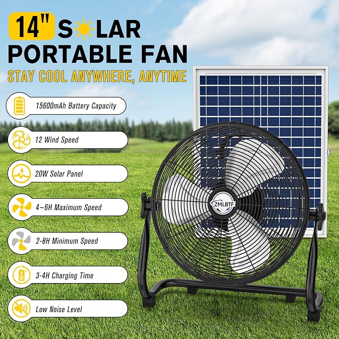 14" Solar Powered Fan with 20W Solar Panel & Rechargeable Battery, Portable, Quiet 12 Speed, 360° Tilt Head for Outside, Camping, Travel, Greenhouse, Chicken Coop, Patio, gazebo (Black)