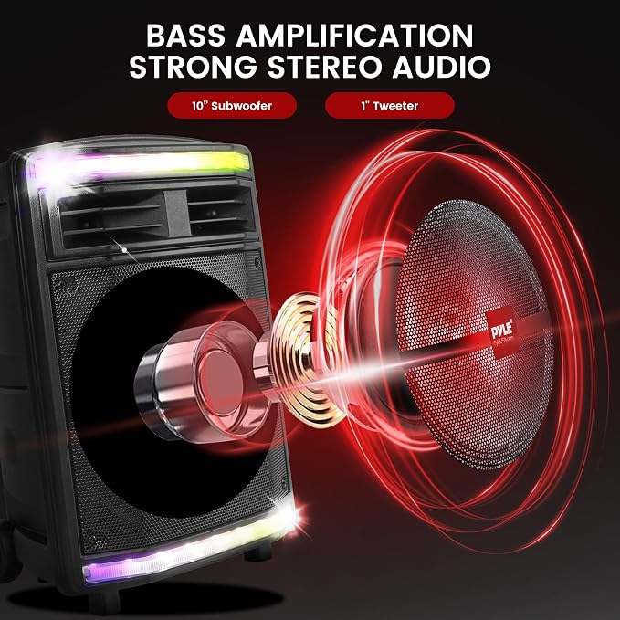 Pyle Portable Bluetooth Speakers with 10 Inch Subwoofer, Wireless Speaker with FM Radio, Karaoke System & Rechargeable Battery, Flashing Party Lights, MP3/USB/Micro SD Readers for Indoor Outdoor Use