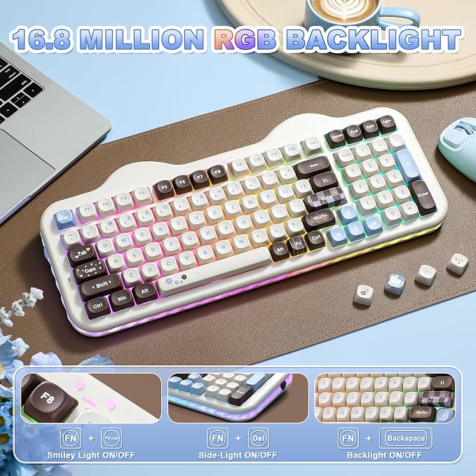 YUNZII C98 Wireless Mechanical Keyboard with Number Pad,98 Key BT5.0/2.4G/USB-C Hot Swap Gasket Mount with PBT MOA Keycaps,Custom RGB,Cute Cake Keyboard for Win/Mac (Choco, Milk V2 Linear Switch)