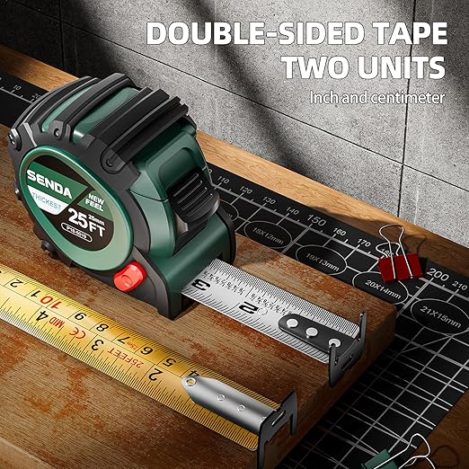 SENDA Tape Measure 25Ft - Heavy Duty Tape Measure with 25mm Wide with Three Stops, High Precision Measuring Tape Retractable Measuring Tape,Rubber for Comfortable Grip, Fraction Markings(1 Pack)