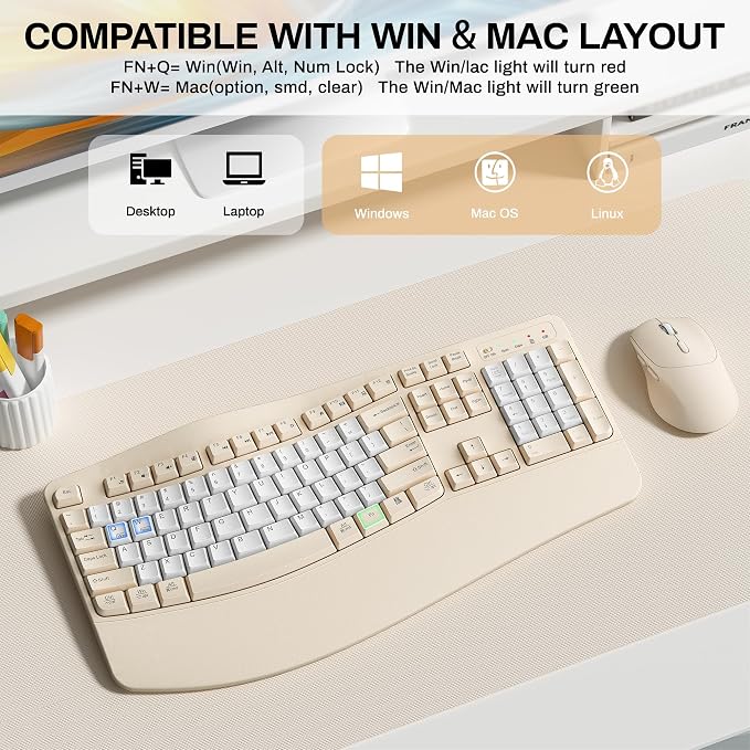 Ergonomic Wireless Keyboard and Mouse Combo, Wave Keys Keyboard with Wrist Rest for Natural Typing, 3 DPI Adjustable Ergonomic Silent Mouse for Computer/Laptop/Windows/Mac (Latte Color-B)