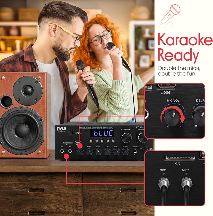 Pyle Home Karaoke Amplifier Receiver with Bluetooth Streaming, 200 Watt Peak, Dual Mic Inputs with Delay and Reverb, 2.0 Channel Hi Fi Sound System, USB-A Input w MP3 Player, RCA/Aux Inputs - PDA69BU
