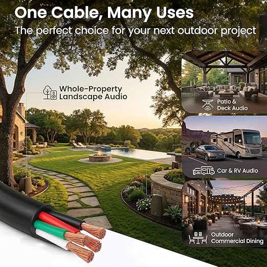 GEARit 12 Gauge Speaker Wire OFC 100 ft,Speaker Cable UL CL3 Rated,Copper Wire with Polarity Mark,Audio Cable for in-Wall,Home,Car,Outdoor,Garden,Commercial Audio Systems,OFC(Black,4-Conductors)