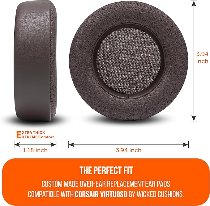 WC Freeze Virtuoso - Hybrid Fabric Cooling Gel Replacement Earpads for Corsair Virtuoso Gaming Headset, Made by Wicked Cushions, Improved Durability, Thickness and Sound Isolation | Brown