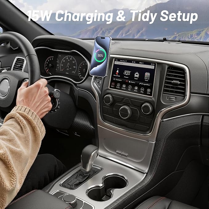 Phone Mount for Jeep Grand Cherokee (2014-2017 2018), Magnetic Phone Holder, Magsafe Car Mount Charger, Dashboard Phone Holder, 15W Wireless Fast Charging for iPhone, Samsung & Google, Car Accessories