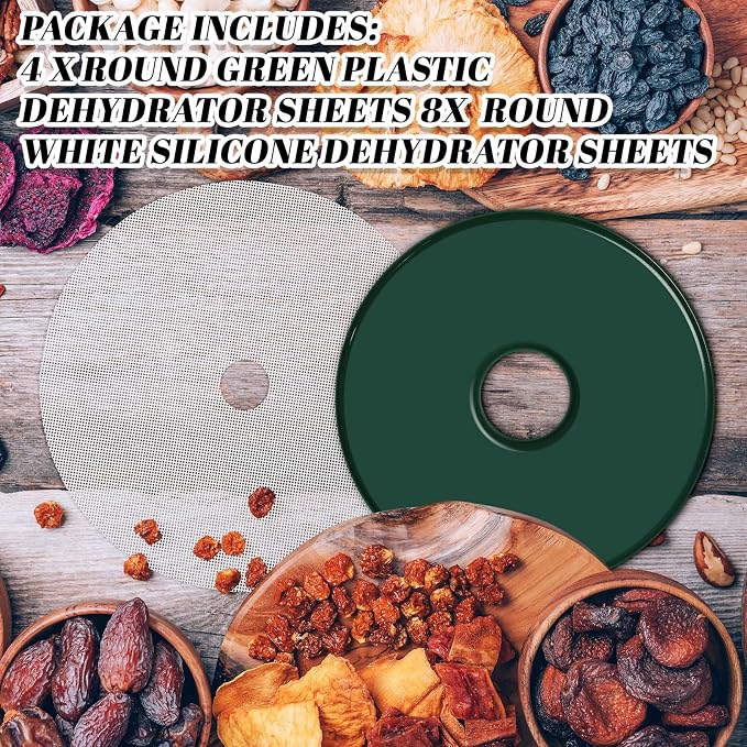 Domensi 12 Pcs Round Dehydrator Sheets Non Stick Silicone Dehydrator Mats with Edges Reusable Roll Tray Liner for Fruit Meat Beef Kitchen, 13 12.5 Diameter