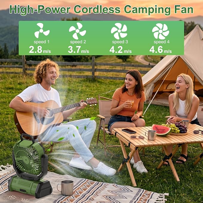Portable Rechargeable Fan 20000mAh, Battery Powered Camping Fan with LED Light& Remote,Cordless,4 Speeds Wind,Timer for Tent,Travel,Rv Camping Essentials (Green)