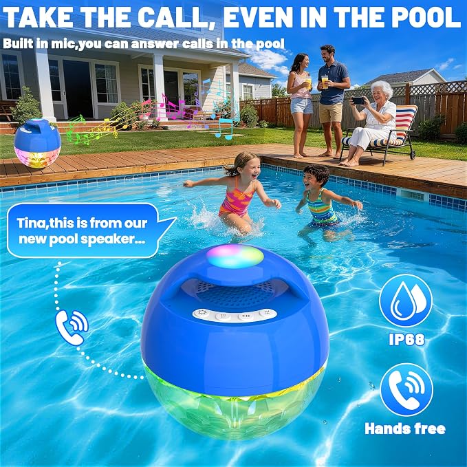 KingSom 2026 Upgraded Floating Pool Speaker with Top Lights,Bluetooth Pool Speaker IP68 Waterproof Hot tub Speakers,Loud Sound Floating Speaker for Pools,BT5.4,24H Playtime Portable Speaker-Dark Blue