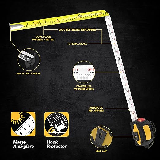 LEXIVON [3-Pack] 25Ft/7.5m AutoLock Tape Measure | 1-Inch Wide Blade with Nylon Coating, Matte Finish White & Yellow Dual Sided Rule Print | Ft/Inch/Fractions/Metric (LX-205X3)