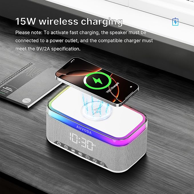 S300 Portable Bluetooth Speaker, 16 W Stereo, BT 5.3, TWS Pairing | 15 W Wireless Charging, 13-Color Night Light, Alarm Clock, TF AUX Inputs, Ideal for PC Smartphone Home Bedroom Office