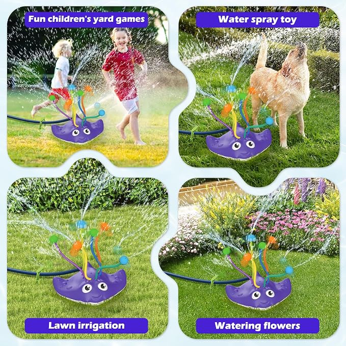 Kids Water Sprinkler Toy, Manta Ray Outdoor Splash Sprinkler with Wiggling Water Tentacles, Fun Backyard Summer Water Toy for Toddlers, Boys and Girls, Easy Garden Hose Connection