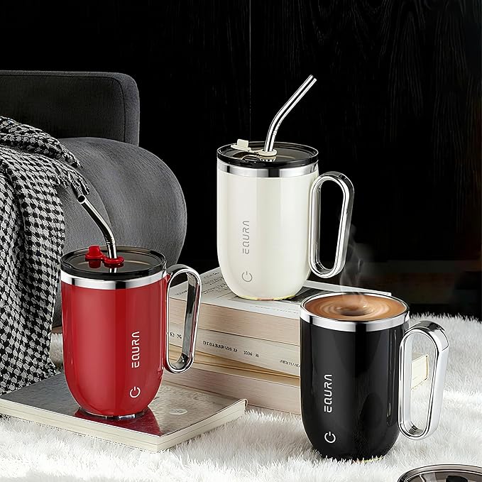 Self Stirring Mug - 4-Color Temp Display Magnetic Electric Auto Mixing Stainless Steel Cup with Straw & Lid For Office/Kitchen/Home/Coffee/Milk- 14.2oz/420ml(Beige)