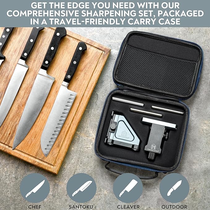 PATENTED ORIGINAL ADJUSTABLE ROLLING KNIFE SHARPENER KIT: Adjustable Height, 10° to 40° for 30 Angle Options, Removeable Diamond Plates with Travel Case - Kitchen Knife Sharpener