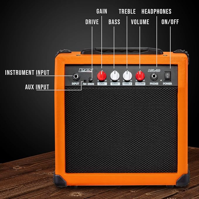 LyxPro Electric Guitar Amp 20 Watt Amplifier Built in Speaker Headphone Jack and Aux Input Includes Gain Bass Treble Volume and Grind - Sunburst