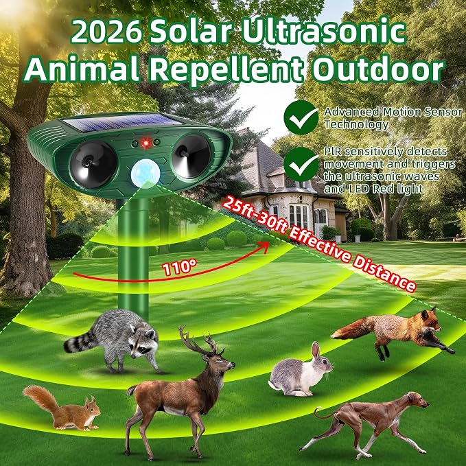 4Pack Solar Ultrasonic Animal Repellent Outdoor Deer Repellent Devices Motion Detection for Squirrel Raccoon Rabbit Dog Cat Deterrent Keep Rodent Chipmunk Away from Yard Lawn