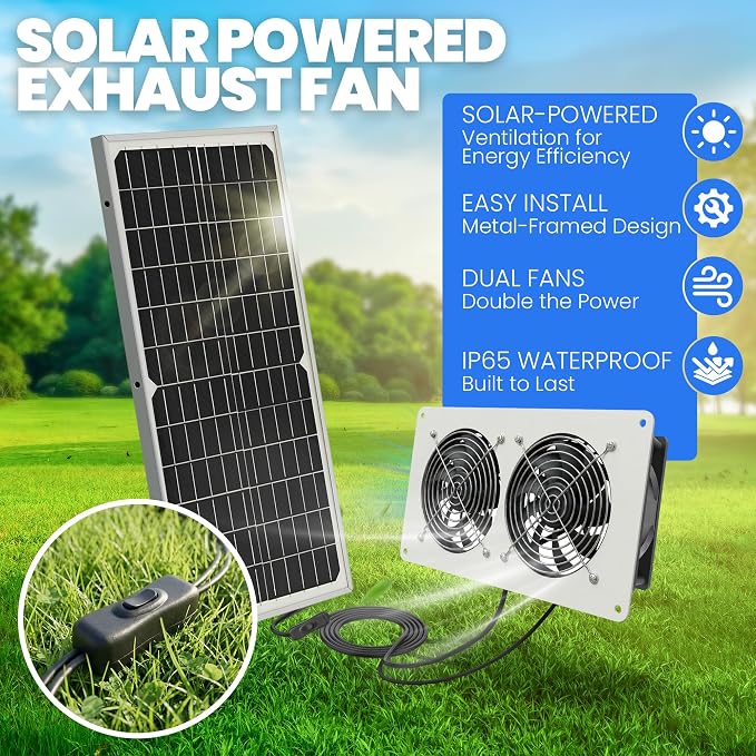 Dual Solar Powered Fan for Chicken Coop, Greenhouse & Shed，4.7" | Waterproof Window Fans, Solar Fan for Chicken Coops, Pet House, Ventilation Cooling Kit, On/Off Switch, 6.6ft Extension Cable