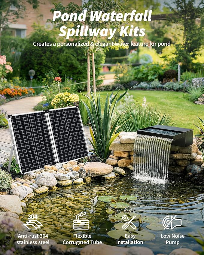 POPOSOAP 70W Solar Pond Waterfall Spillway with Pond Pump, Pond Spillway with 304 Stainless Steel & Filtration System & 9.8FT Tube for Pond Fountain Waterfall Garden Water Features-P5703S
