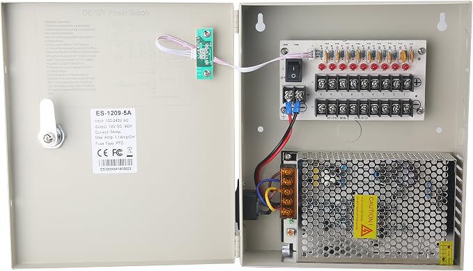 EVERSECU 9 Channel DC12V 5 Amp PTC Fuse CCTV Power Supply with Metal Box, AC Plug and Lock for Security Cameras, DVRs, IP Cameras, CCTV Cameras