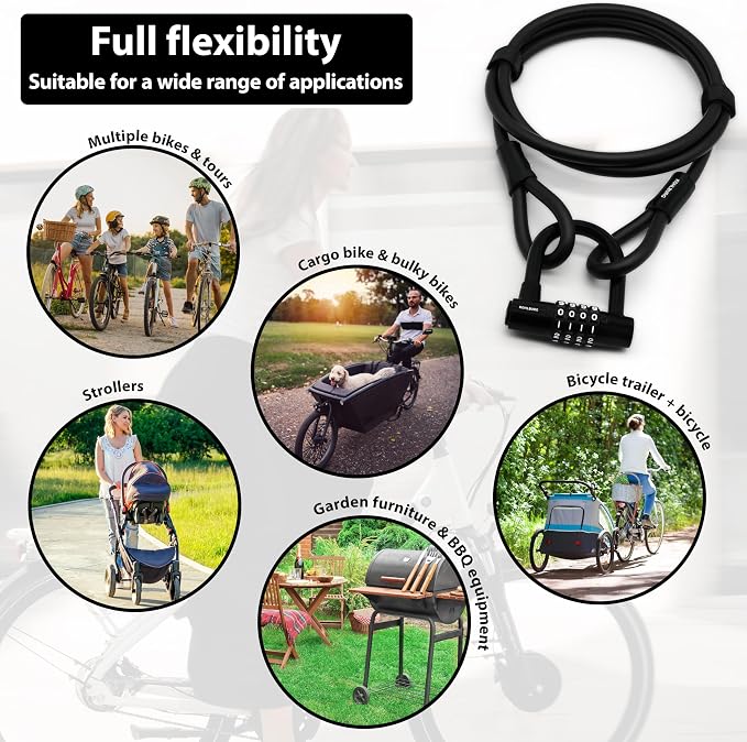 KOHLBURG Cable Lock 6.5ft / 2 Meter Long with Code – 79” / 200cm Combination Lock – Steel Cable Lock with Hook & Loop Straps – Steel Cable with Number Padlock for Bicycle, Garden Furniture & Bike Lock