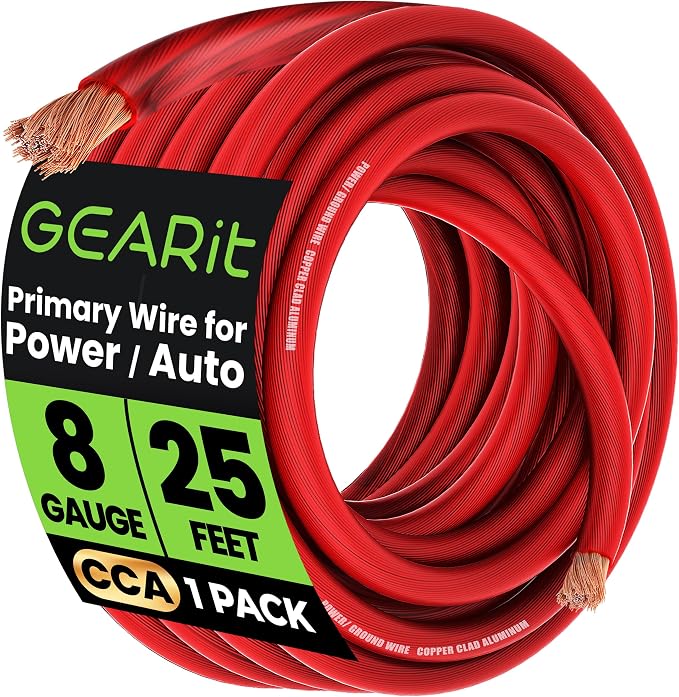 GEARit 8 Gauge Wire 25 ft Red, 8 AWG Battery Cable CCA, Copper-Clad Aluminum Power Cable for Car Audio Amp, Automotive, RV
