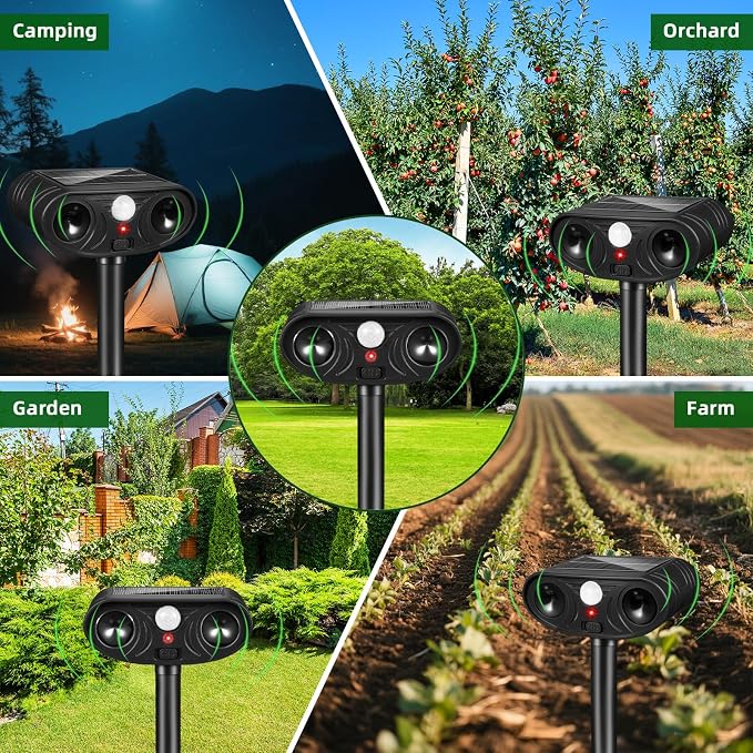 2026 Upgraded Solar Ultrasonic Animal Repellent, 4 Pack IP65 Waterproof Sonic Deer Deterrent, Motion Activated Outdoor Repeller to Keep Cats, Squirrels, Raccoons, Skunks & Dogs Away from Garden, Yard