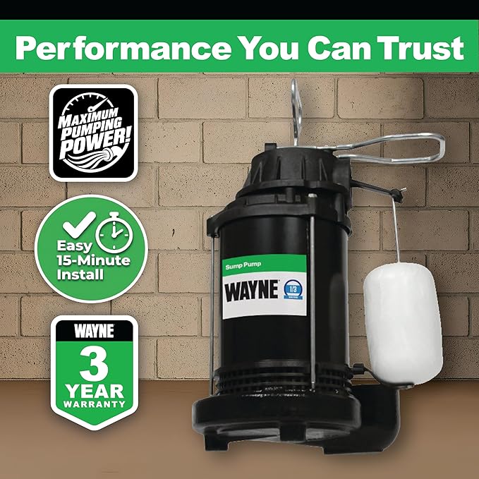 WAYNE CDU790-1/3 HP Submersible Cast Iron and Stainless Steel Sump Pump with Integrated Vertical Float Switch - Up to 4,600 Gallons Per Hour - Heavy Duty Basement Sump Pump, Black