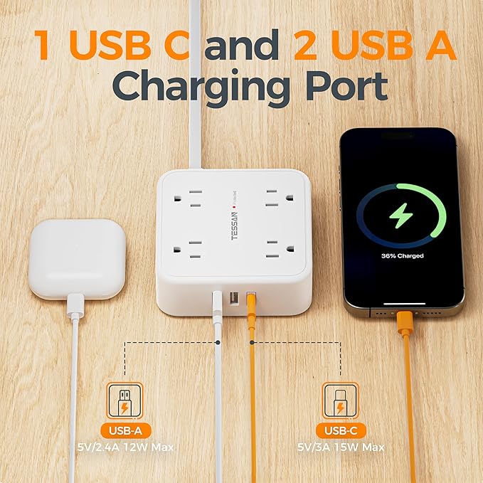 TESSAN Surge Protector Power Strip, 10 Ft Flat Plug Extension Cord with 3 USB (1 USB C) 8 Outlets, 1250W, 900J Protection, 3 Sided Outlet Extender with Power Switch for Office, Dorm Room, White