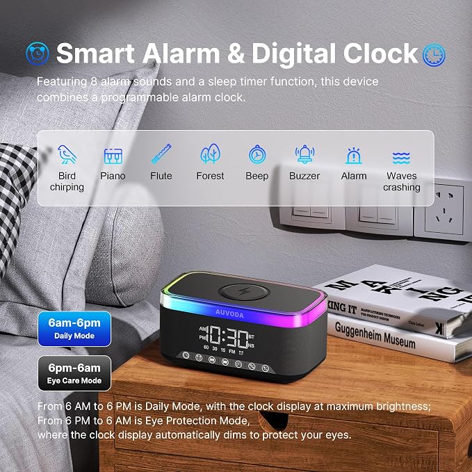 S300 Portable Bluetooth Speaker, 16 W Stereo, BT 5.3, TWS Pairing | 15 W Wireless Charging, 13-Color Night Light, Alarm Clock, TF AUX Inputs, Ideal for PC Smartphone Home Bedroom Office