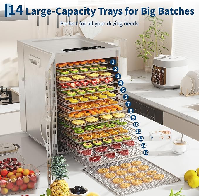 Food Dehydrator, 14 Stainless Steel Trays, 85–170°F Temperature Control | 1240W Jerky Dehydrator, 15.4 ft² Drying Space, 24-Hour Timer, for Meat, Fruit, Veggies, Dog Treats & Snacks, Bright-Silver