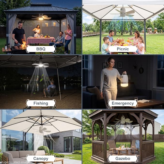 Battery Operated Outdoor Ceiling Fan, 20000mAh Portable Canopy Fan with Light, Remote & Hanging Hook, 3000k-6000k Dimmable Rechargeable Ceiling Fan for Tent, Gazebo, Patio, Camping (20'')