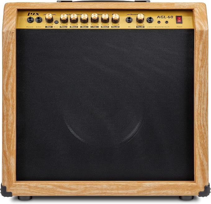 LyxPro 60 Watt Electric Guitar Amplifier | Combo Solid State Studio & Stage Amp with 10” 4-Ohm Speaker, Custom EQ Controls, Drive, Delay, ¼” Passive/Active/Mic Inputs, Aux In & Headphone Jack -Natural