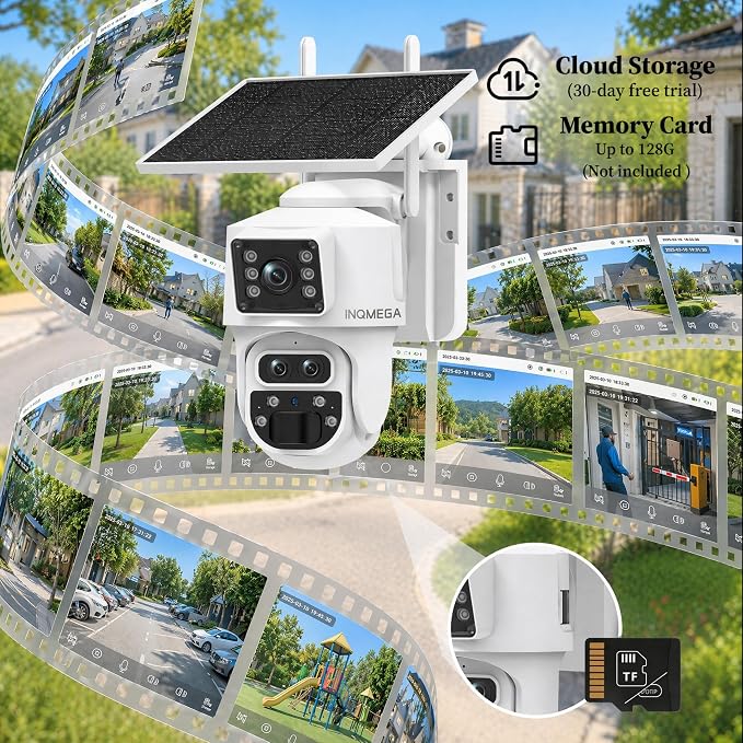 INQMQEGA 4G Solar Security Camera 3K Three Lenses 15X Zoom Outdoor Wireless Camera,PIR Human Motion Detection, Color Night Vision, Spotlight & Siren, Cloud & microSD Storage, App Control