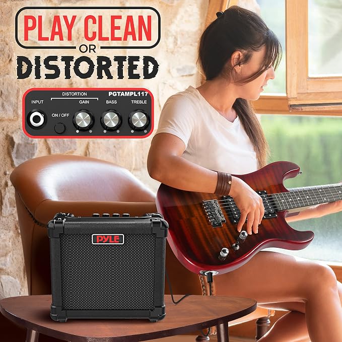Pyle Mini Electric Guitar Amp - Portable 10 Watt Instrument Amplifier with 5-Inch High Definition Speaker, Volume, Bass, Treble, Distortion, Gain Controls, Headphone Output Jack, for Practice Playing