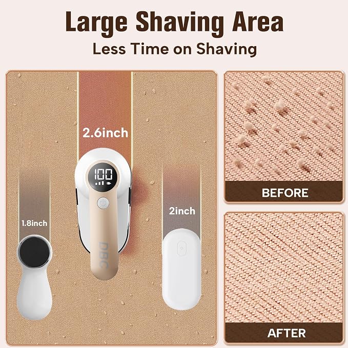 DBC Fabric Shaver with Seperate Lint Box, LED Display, 15000r/Min Powerful Motor, 6-Leaf Blades, 3-Speeds Electric Lint Remover for Sweater, Clothes, Couch, Furniture, Sofa - Gold & White
