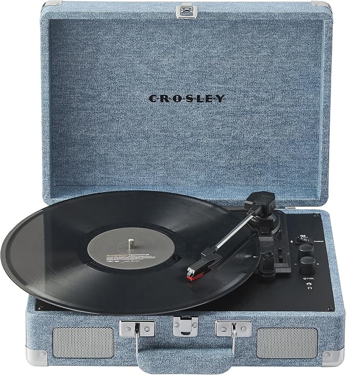 Crosley CR8005F-WD Cruiser Plus Vintage 3-Speed Bluetooth in/Out Suitcase Vinyl Record Player Turntable with Built-in Speakers, Washed Denim