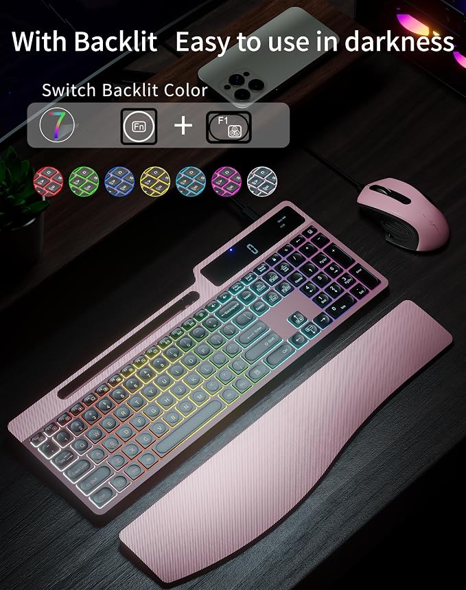Wireless Keyboard Mouse Combo, Full Size Quiet Ergonomic Keyboard with Calculator, Backlit, Wrist Rest, Phone Holder, 2.4Ghz Silent Rechargeable Keyboard & Mouse for Laptop, PC, Windows (Pink Black)