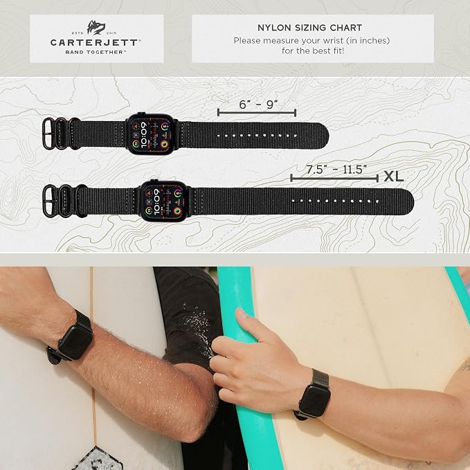 Carterjett EXTRA LARGE Hiking Trail Nylon Band | Compatible with Apple Watch Band for Men Women | XL for Big Wrists | Extra-Long, Soft Braided Sturdy Weave Sport Strap | Fits 42mm 41mm 40mm Series 10 9 8 7 6 SE 5 4 & All Models (Black, XL)